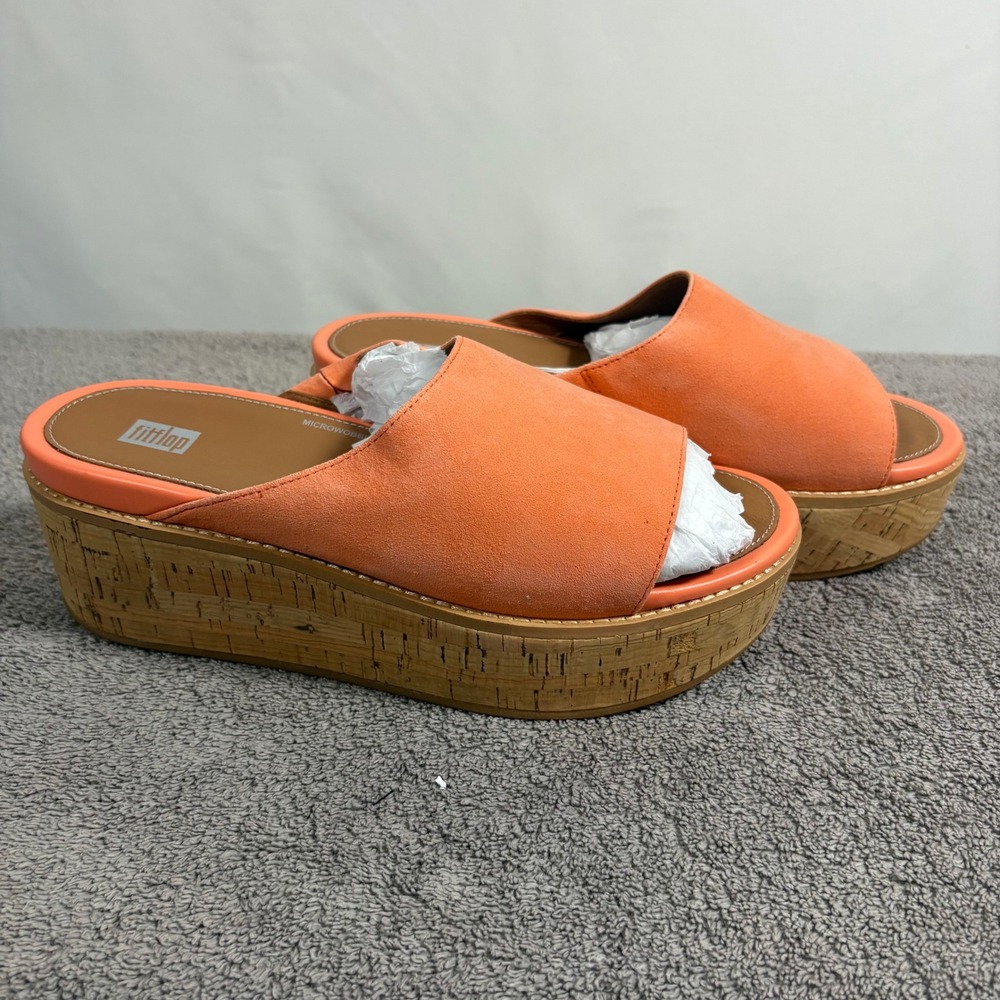 FitFlop Eloise Cork-Wrap Suede Wedge Slides Sunshine Coral GC6-580-070 US 9 NEW